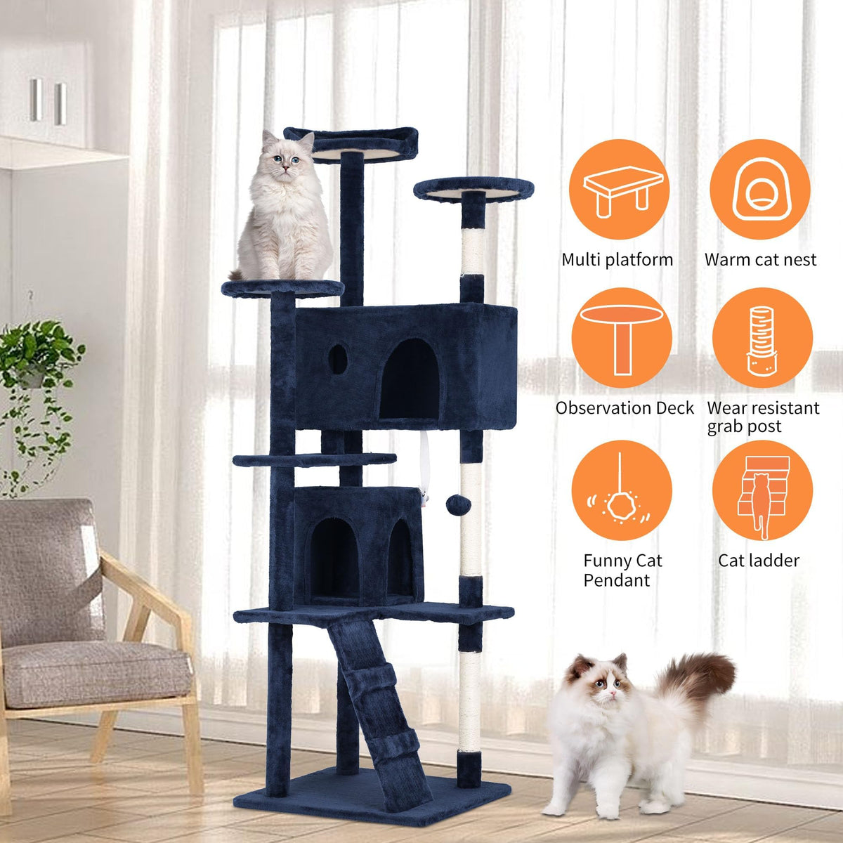 70 Inch Navy Blue Cat Tree Tower with Scratching Post Q4273
