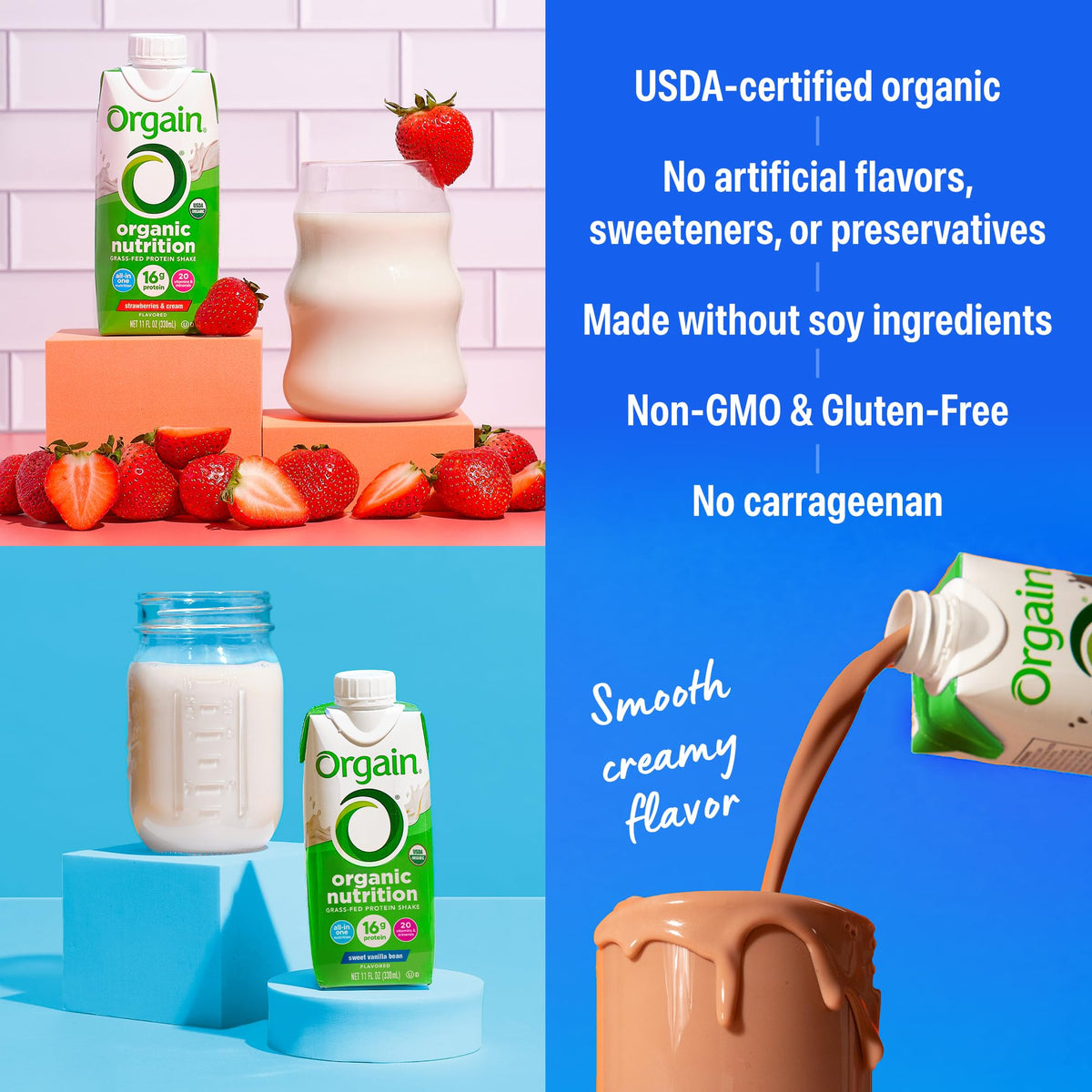Organic Protein Shake, 16g Grass Fed Whey, 11 Fl Oz (12 Pack) M950165