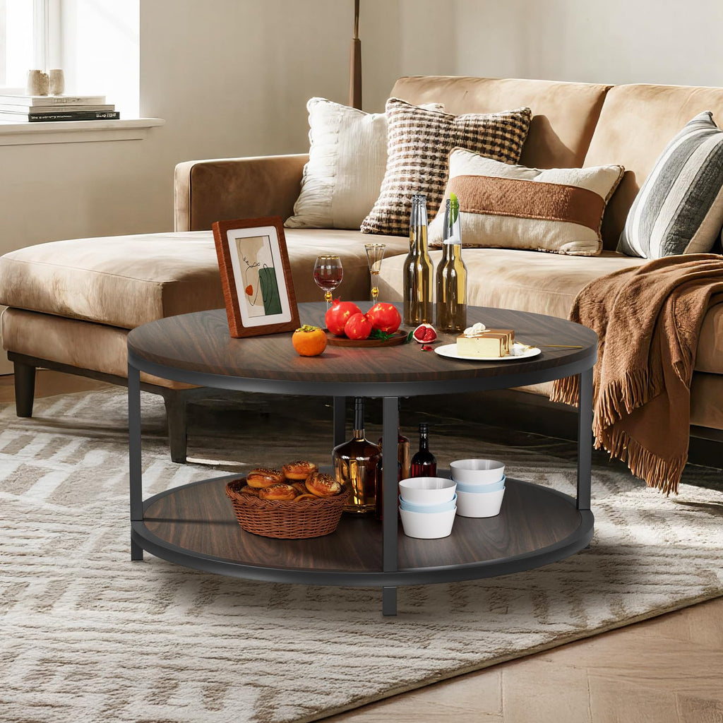 36" Round 2-Tier Coffee Table with Storage Shelf, Black Walnut U6992