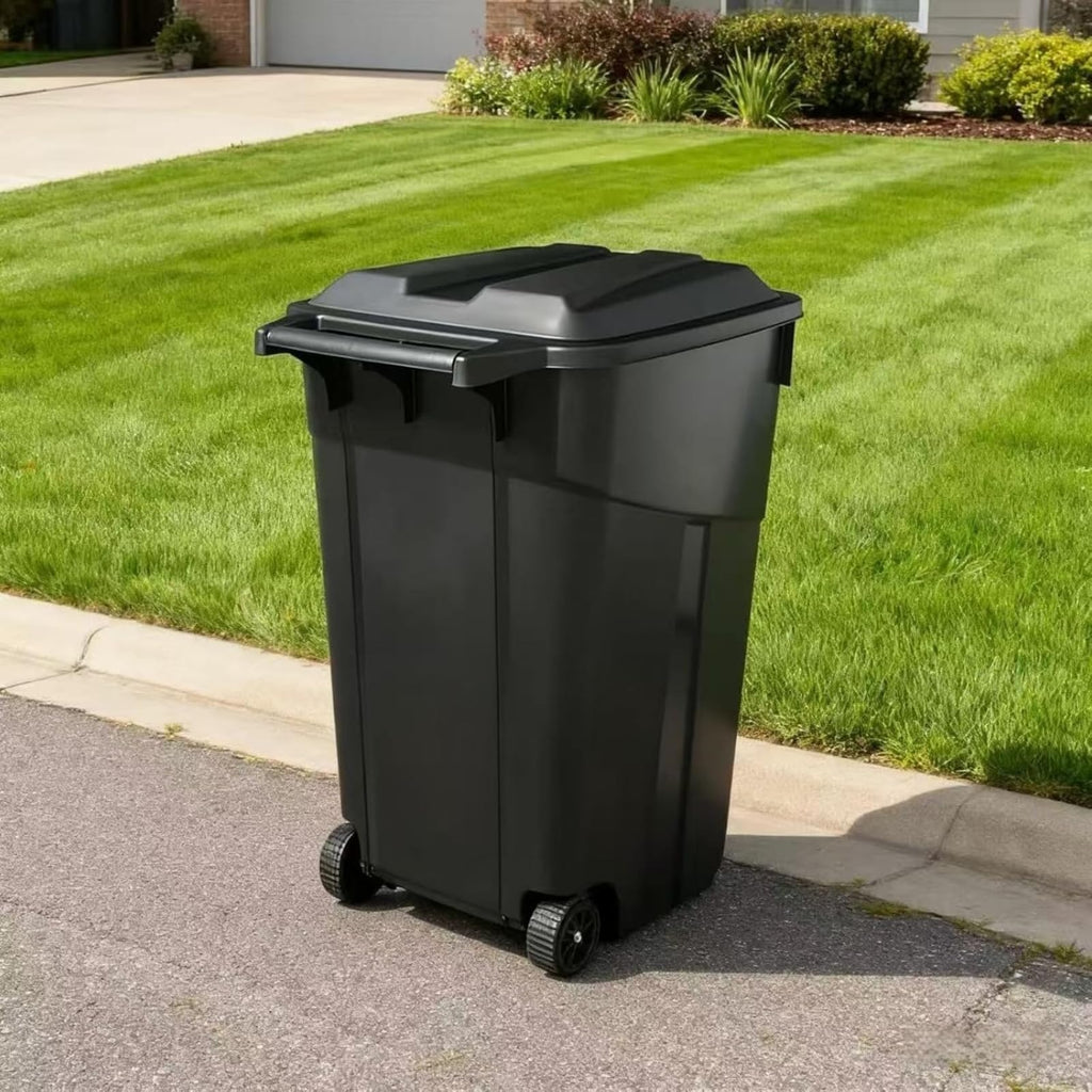 Black 45 Gallon Wheeled Heavy Duty Plastic Trash Can with Lid K5498