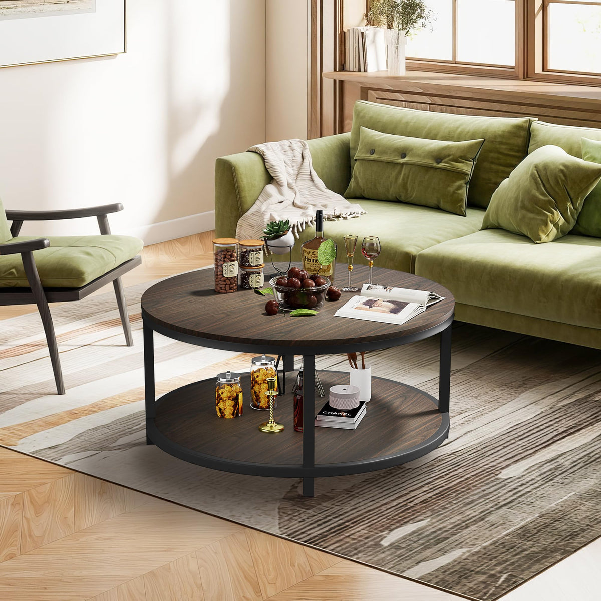 36" Round 2-Tier Coffee Table with Storage Shelf, Black Walnut U6992