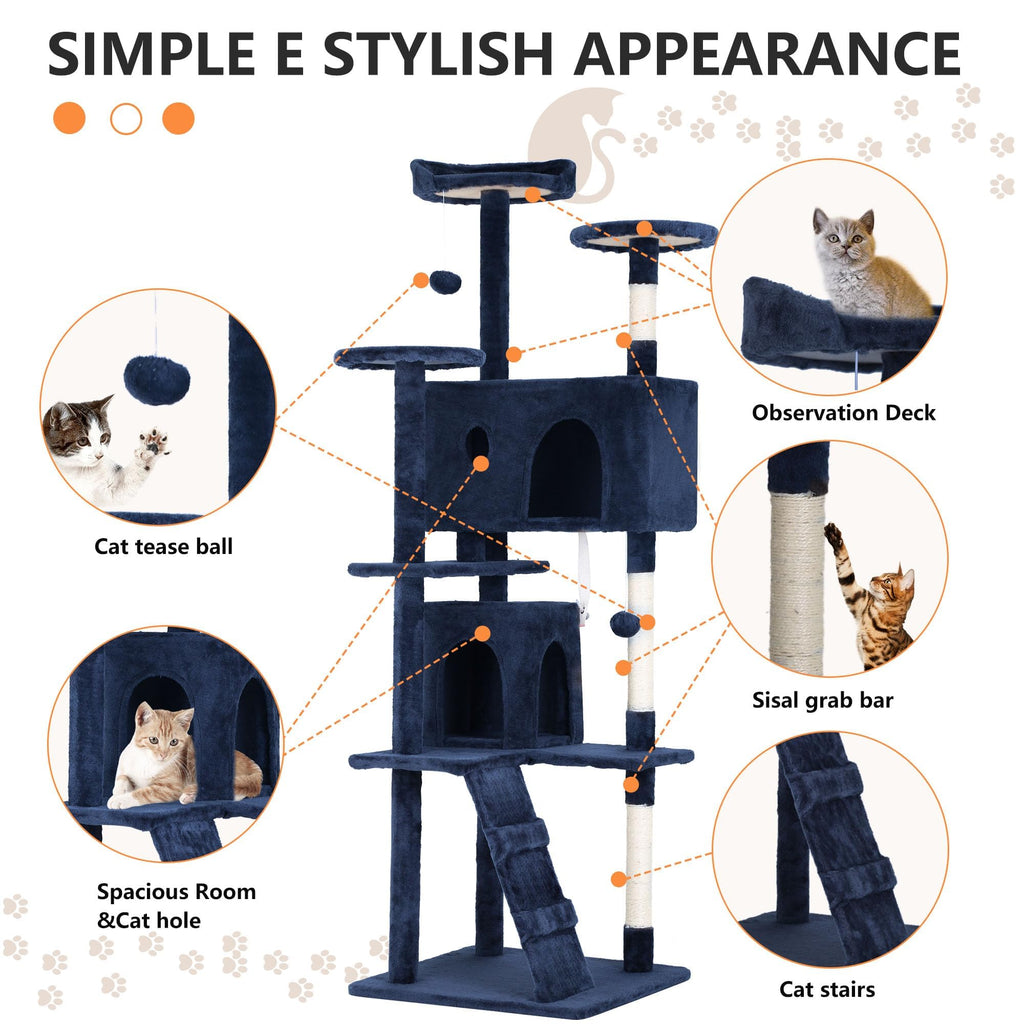 70 Inch Navy Blue Cat Tree Tower with Scratching Post Q4273