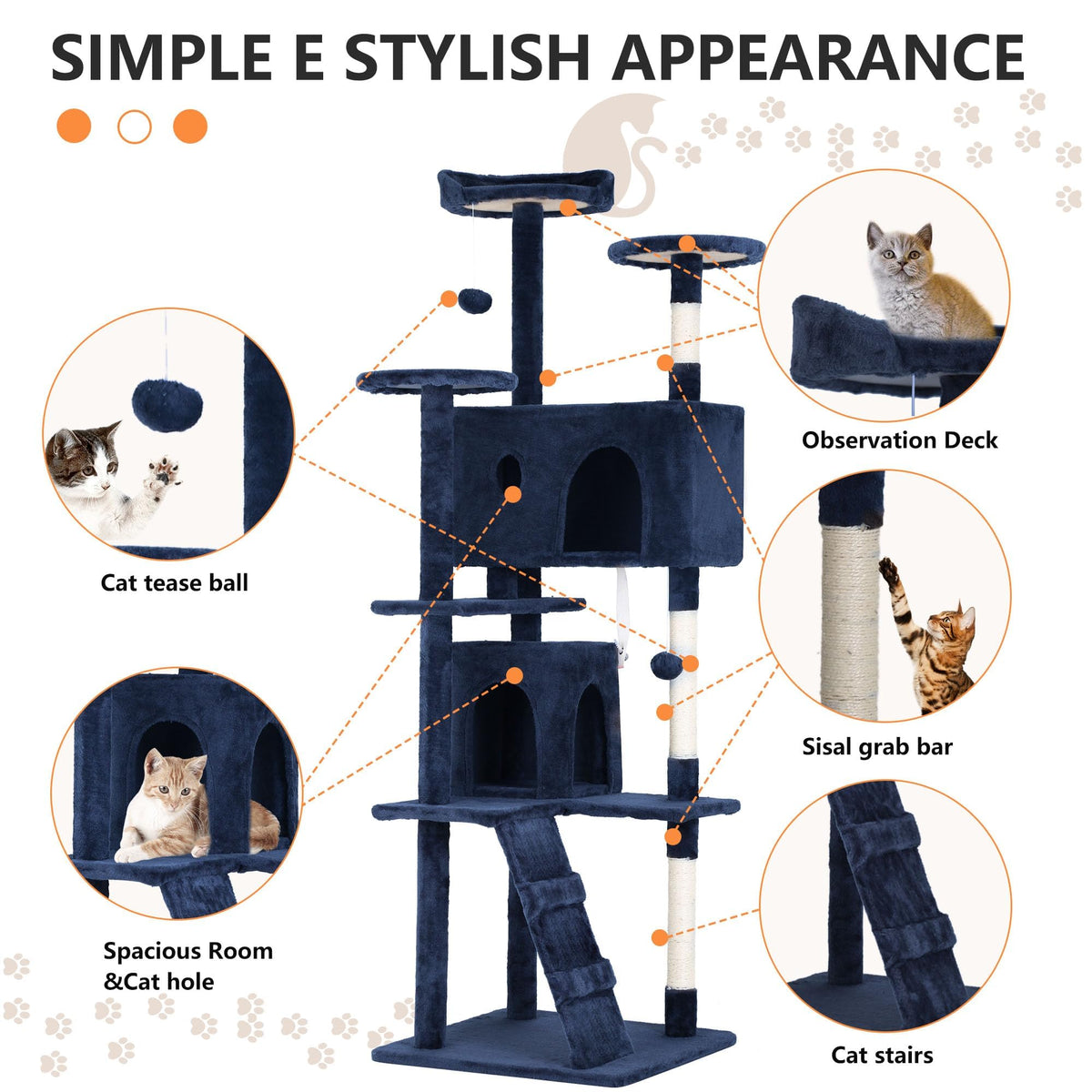 70 Inch Navy Blue Cat Tree Tower with Scratching Post Q4273