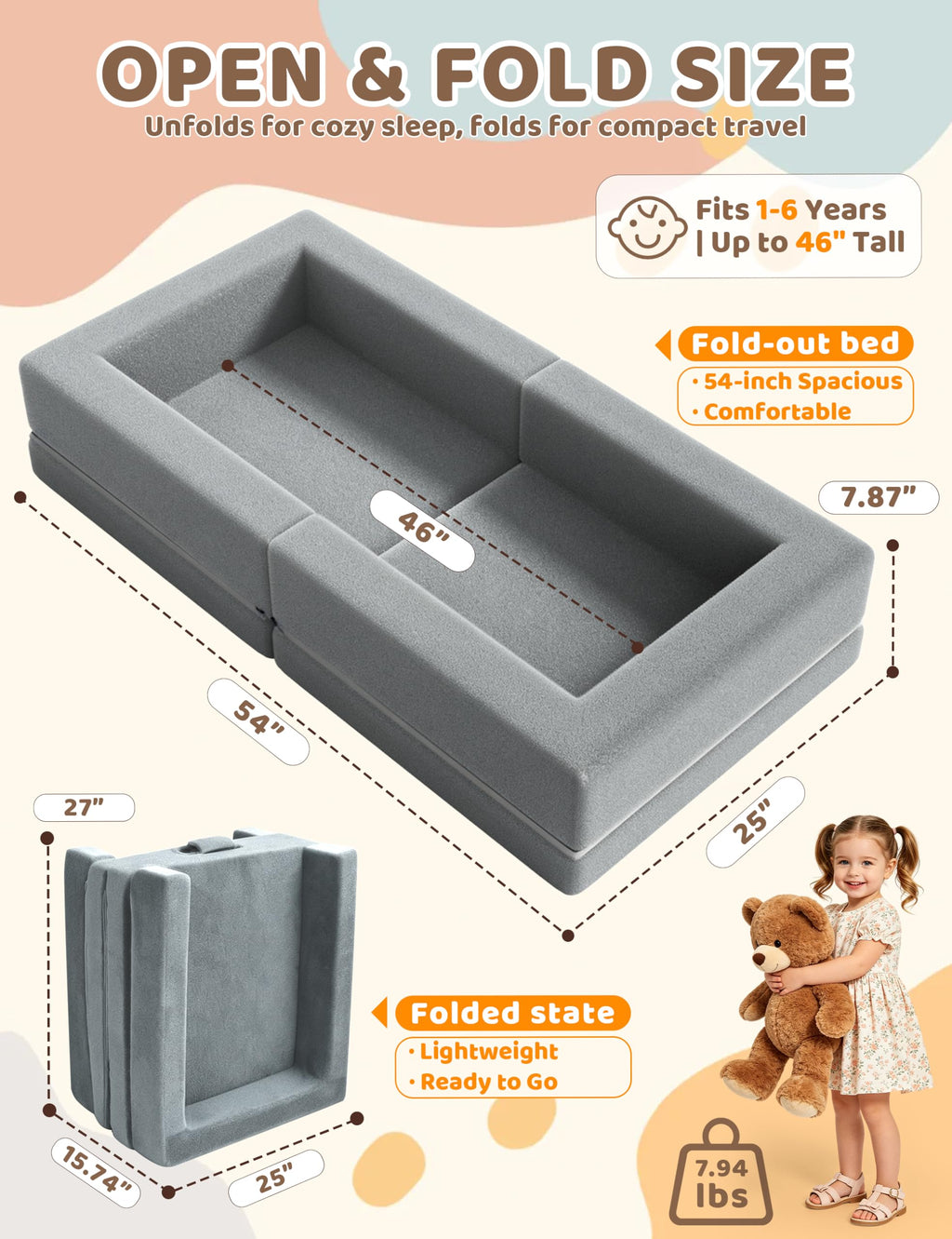 54" Portable Foldable Foam Toddler Bed R1779