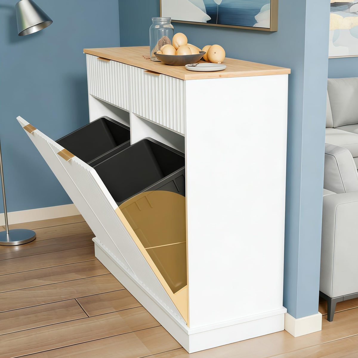 20 Gallon Double Tilt Out Wooden Trash Can Cabinet with Storage Drawers K28225