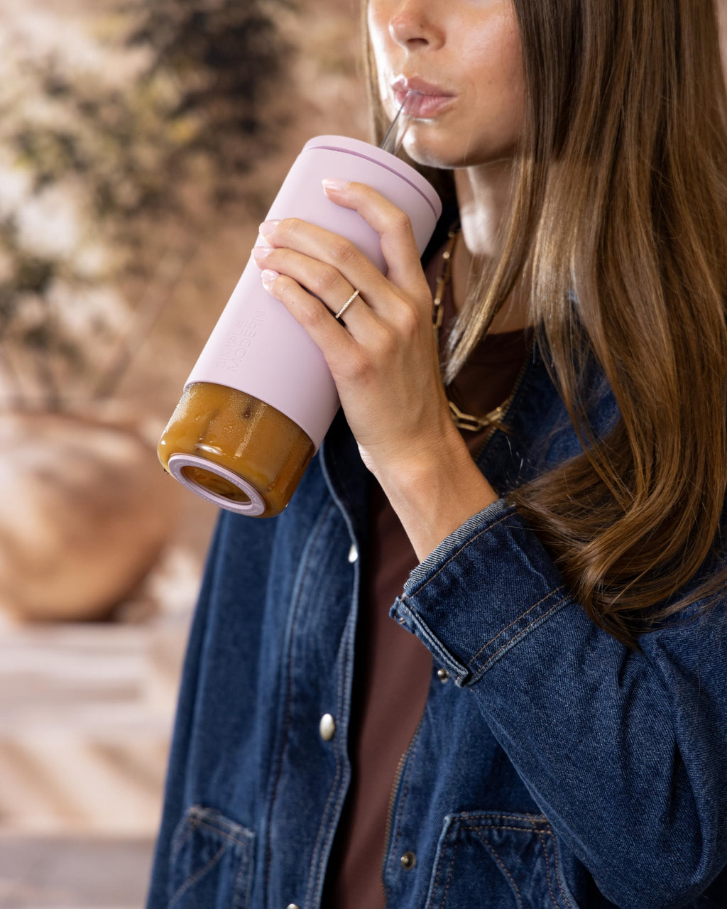 Glass Iced Coffee Cup with Straw Lid 20oz Beige T6890