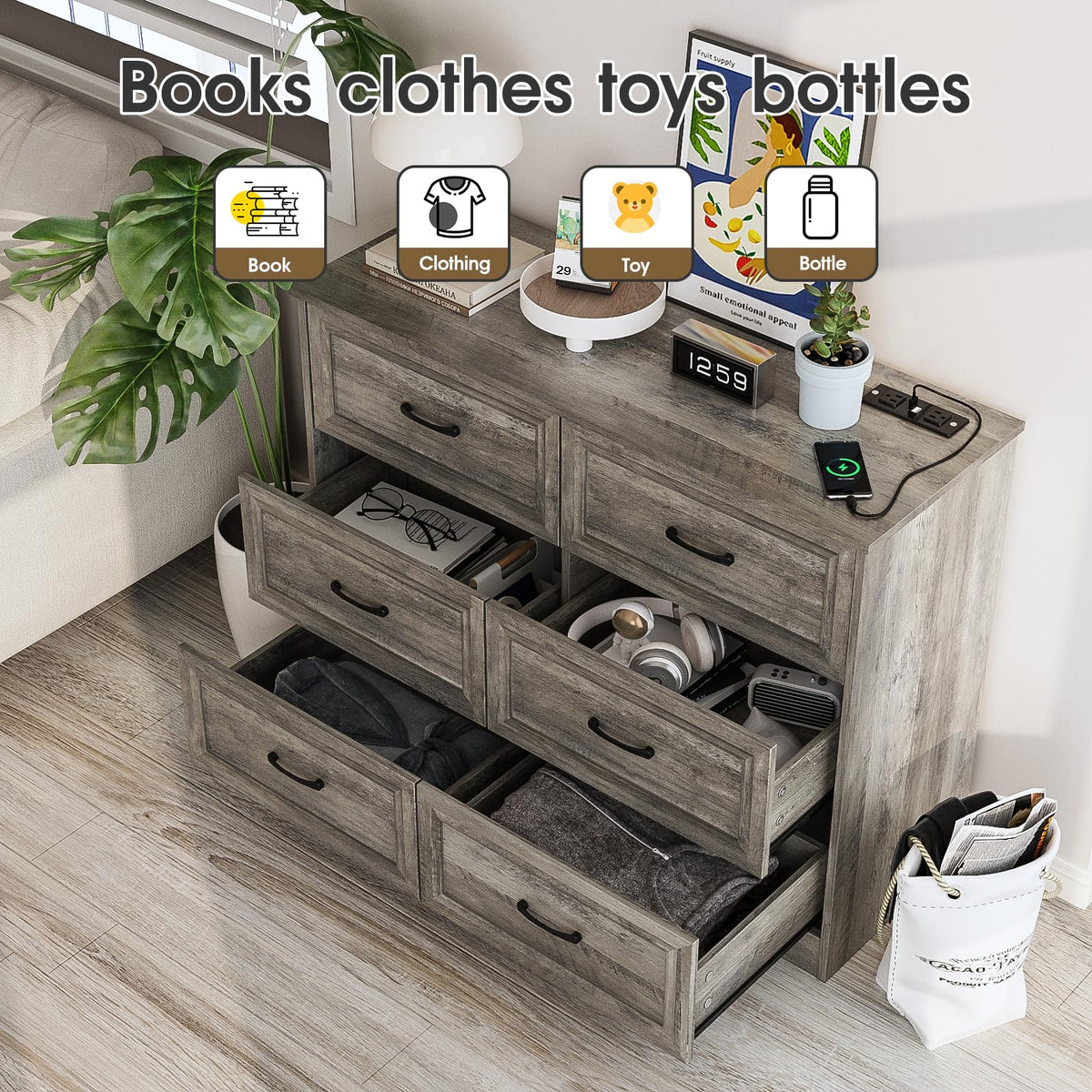 Ash Grey 6 Drawer Wood Dresser G8272