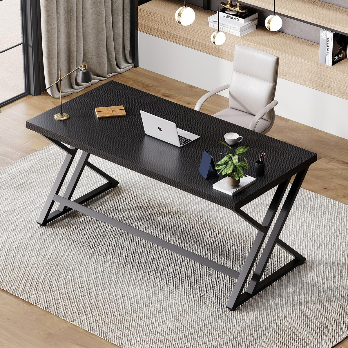 Black 47 Inch Metal and Wood Computer Desk U318