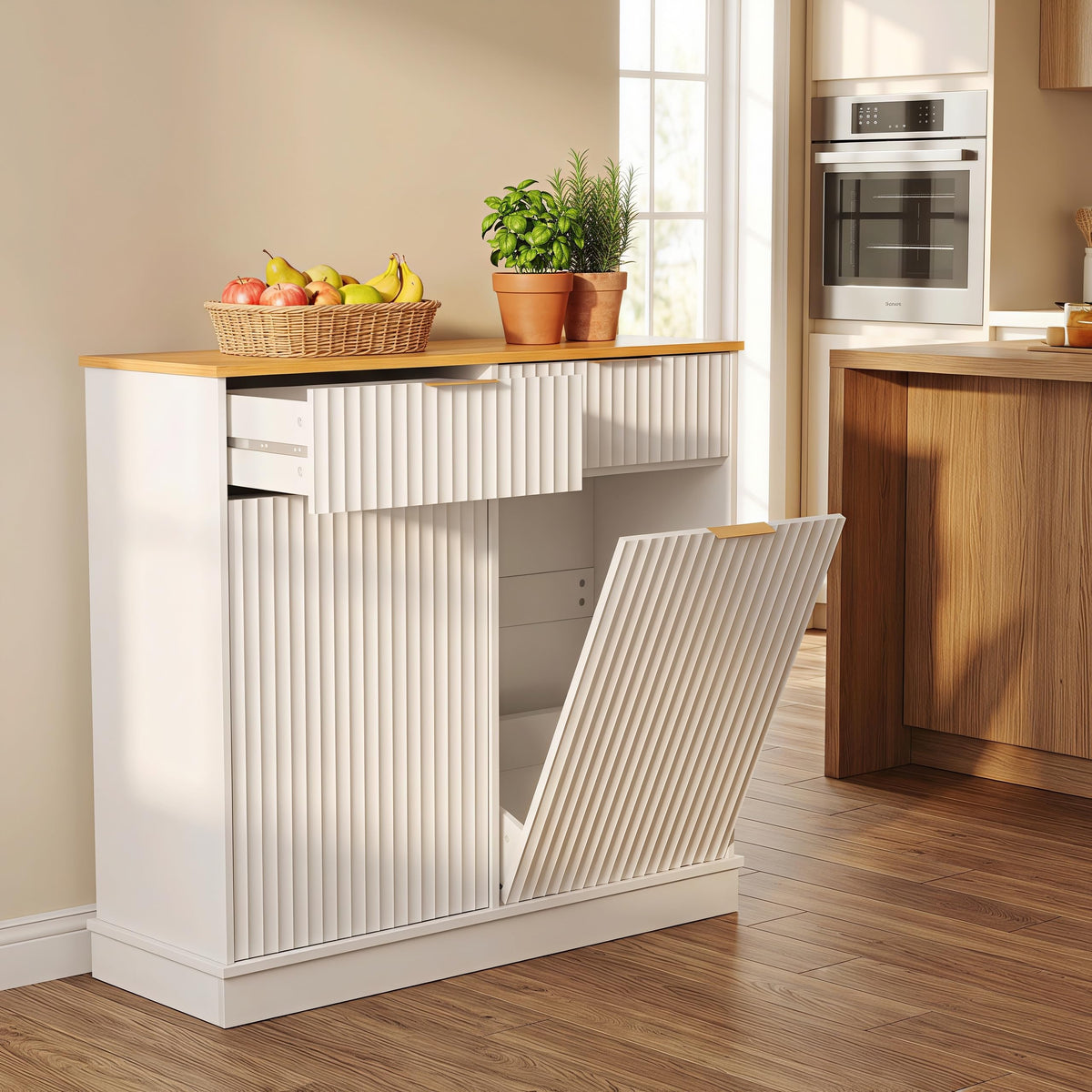 20 Gallon Double Tilt Out Wooden Trash Can Cabinet with Storage Drawers K28225
